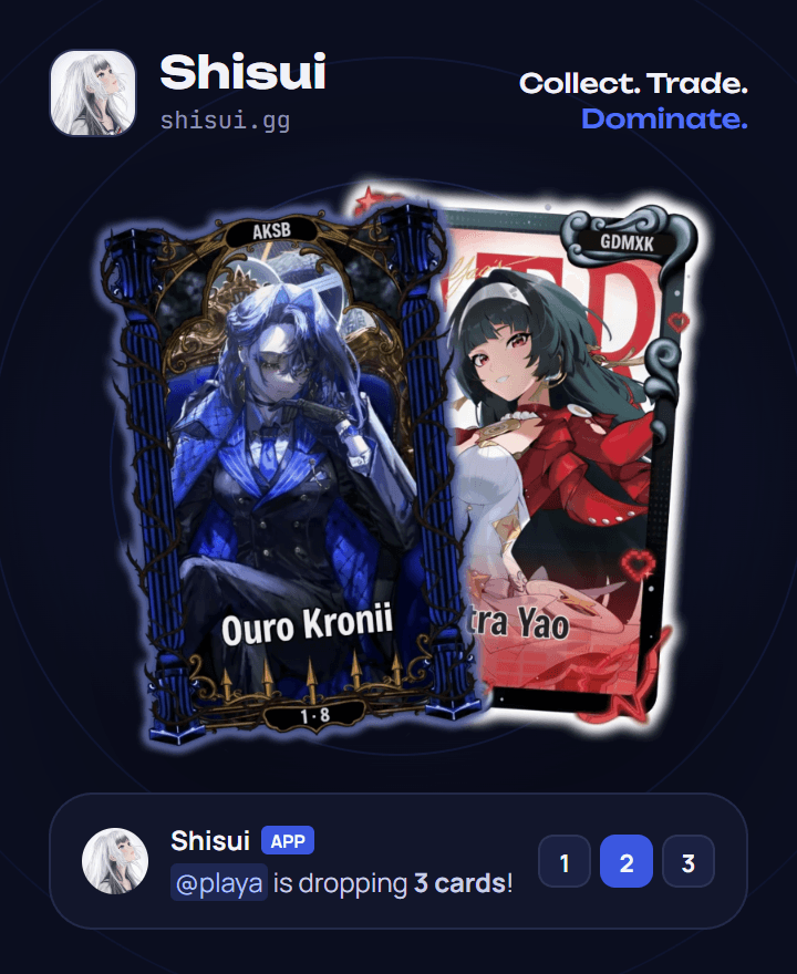 Two Shisui cards with the Shisui bot announcing a drop of three cards