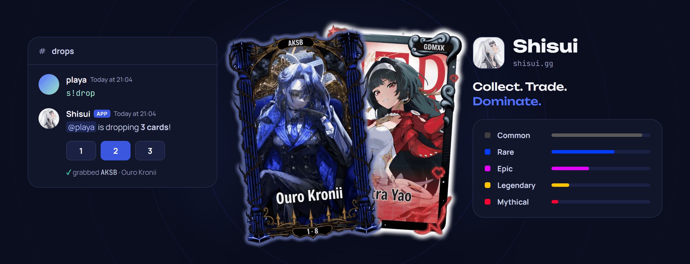 Shisui dropping three cards in a Discord channel, next to the five card rarities